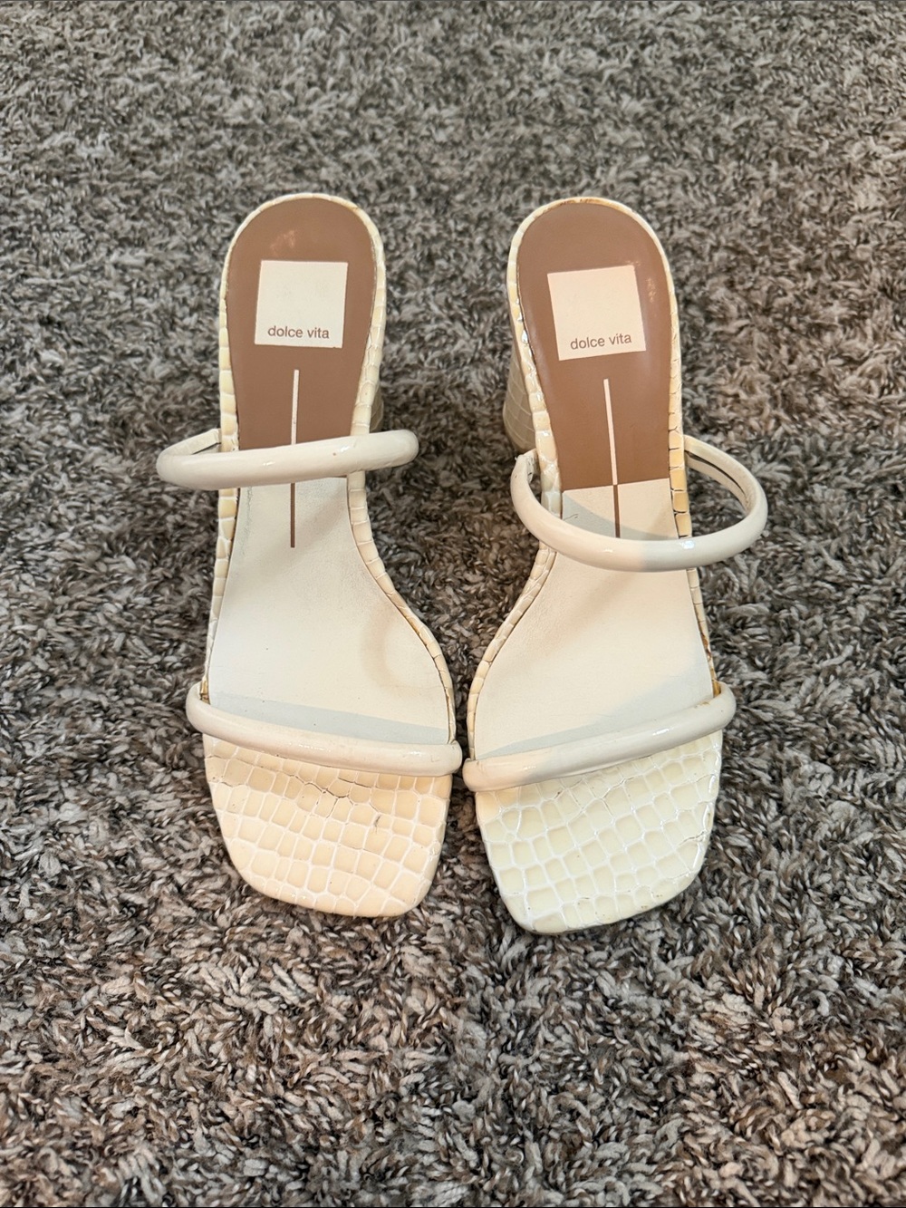 Dolce Vita Cream/White Croc-Embossed Double Strap Heeled Sandals